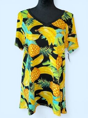 LuLaRoe Pineapples, Bananas, and Palm Leaves Black V Neck Tee, Size XL, NWT